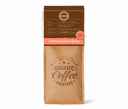Braune Papiertüte Hanseatic Coffee House Caffè Crema ganze Bohne. Das Etikett zeigt 80% Arabica, 20% Robusta, ausgewogenes, schokoladiges, nussiges Aroma und Intensität 4/5.