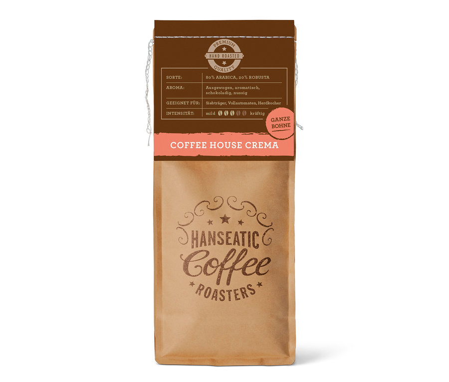 Braune Papiertüte Hanseatic Coffee House Caffè Crema ganze Bohne. Das Etikett zeigt 80% Arabica, 20% Robusta, ausgewogenes, schokoladiges, nussiges Aroma und Intensität 4/5.