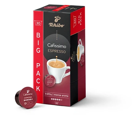 Eine Packung Cafissimo Espresso kräftig - 30 Kapseln und eine Kapsel.