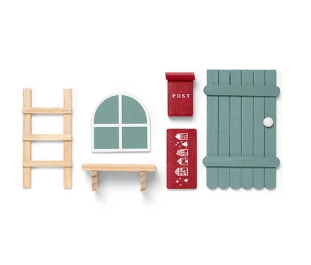 Miniatur Wichteltür-Set mit Holzleiter, Fenster, Briefkasten und Fußmatte.