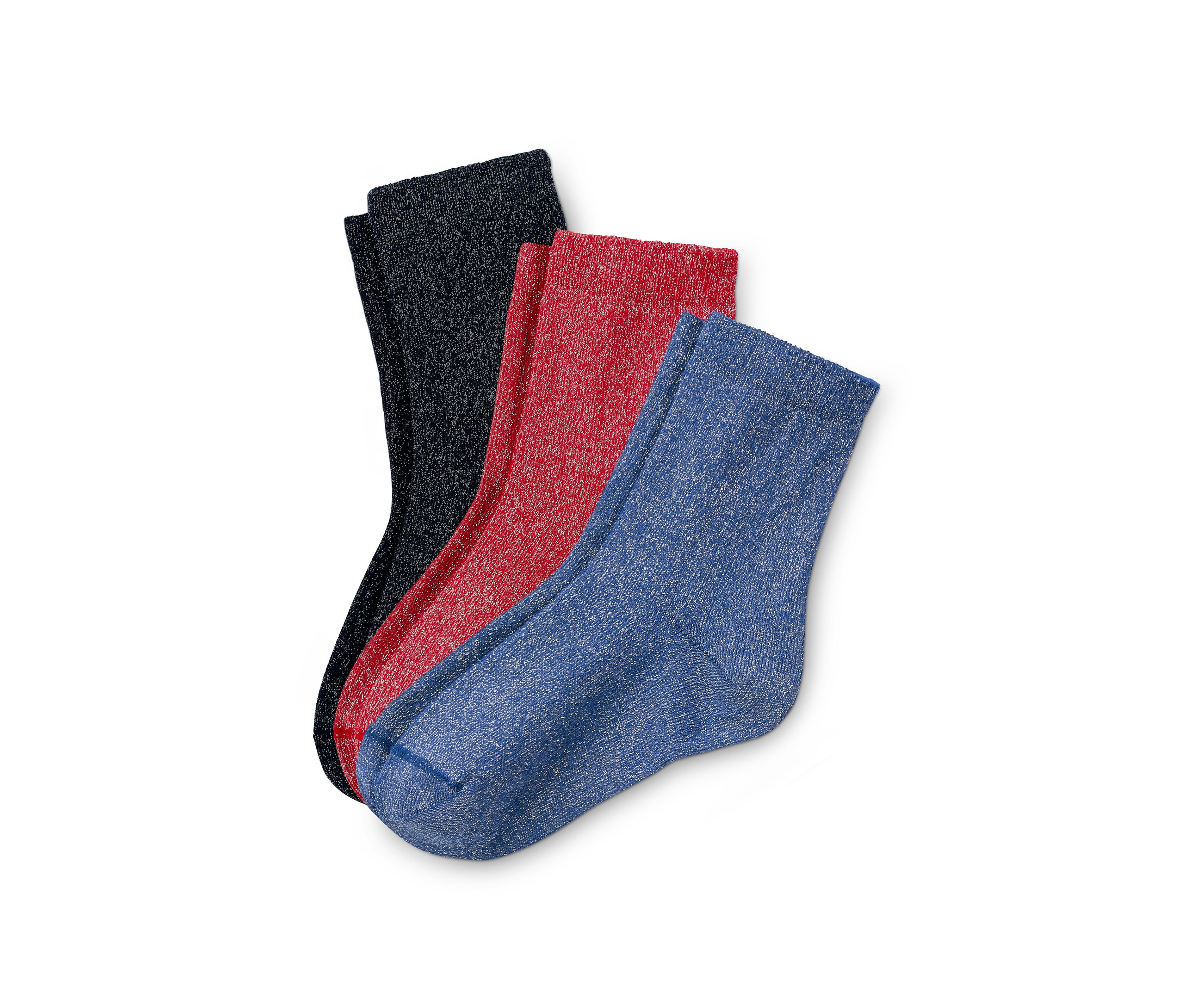 Drei Paar Glitzersocken in Schwarz, Rot und Blau.