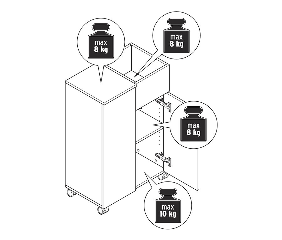 Eine Abbildung eines Highboards auf Rollen mit offener Tür und Schublade.