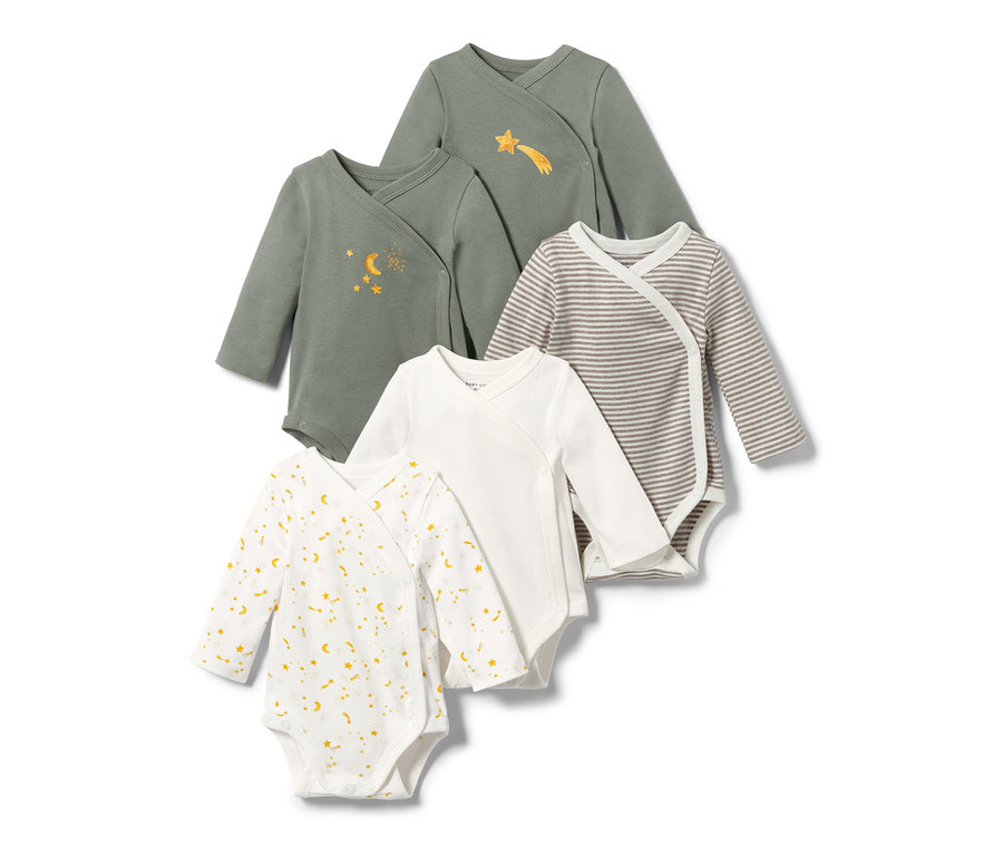 Fünf Baby-Bodys mit Mitwachsfunktion, Sterne.