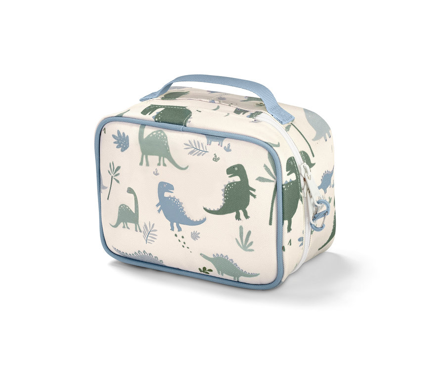 Quadratische Medikamententasche mit blauem Rand und Dinosaurier-Muster auf weißem Hintergrund.