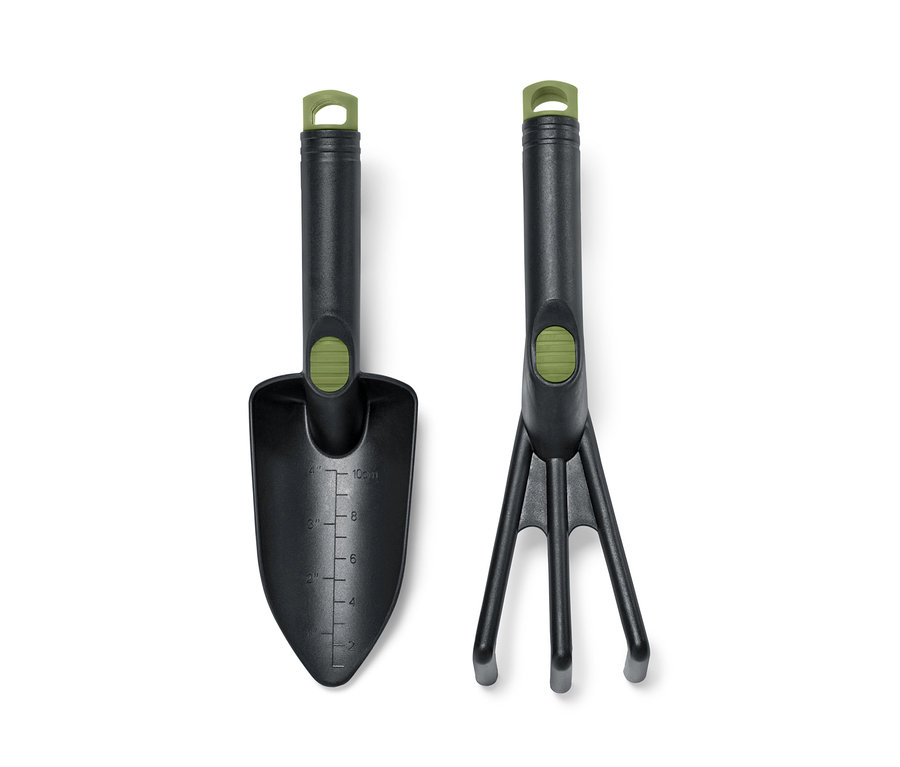 Gartenwerkzeug-Set: Schaufel und Harke mit schwarzem Griff und grünen Details.