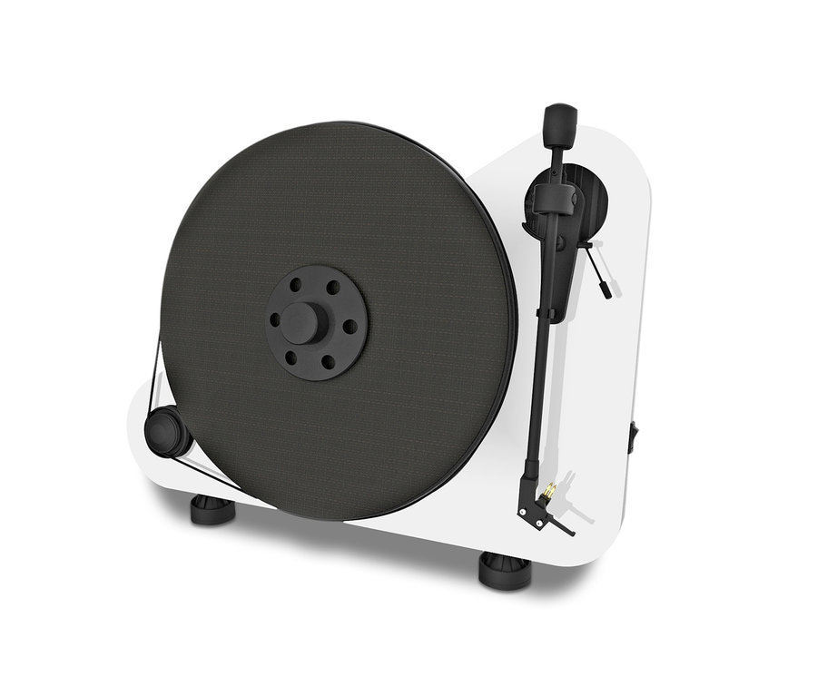 Weißer vertikaler Plug-and-Play-Plattenspieler »Pro-Ject VT-E BT« mit Bluetooth®.