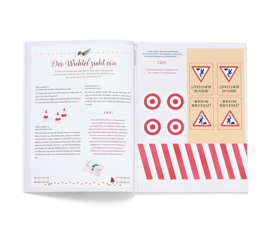 Offenes Buch mit Illustrationen und Text, inklusive Aufklebern mit Verkehrskegeln und Warnschildern. Das Buch trägt den Titel »Hurra, ein Wichtel zieht ein!«