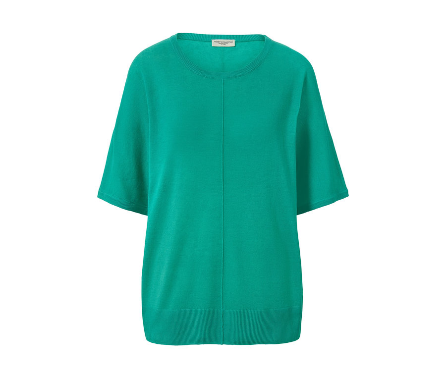 Grünes Feinstrick-Shirt mit Leinen und kurzen Ärmeln.