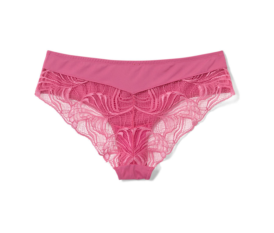 Ein einzelner rosafarbener 4 Brazilslip mit Spitze.