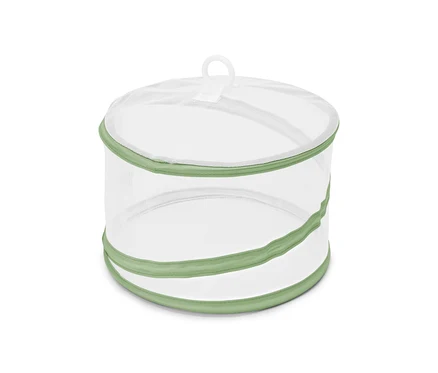Eine faltbare Mini-Abdeckhaube mit weißem Netz und hellgrünem Rand.