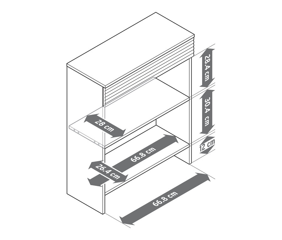 Schema einer Konsole mit Schublade und Abmessungen.