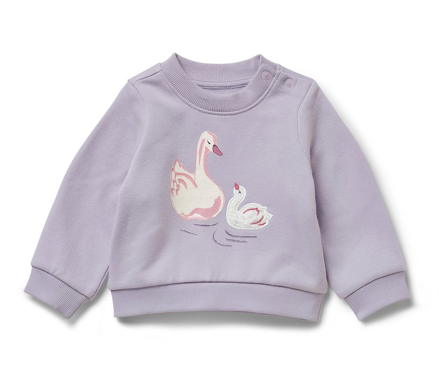 Lila Kinder-Sweatshirt mit angerauter Innenseite und Schwan-Motiv.