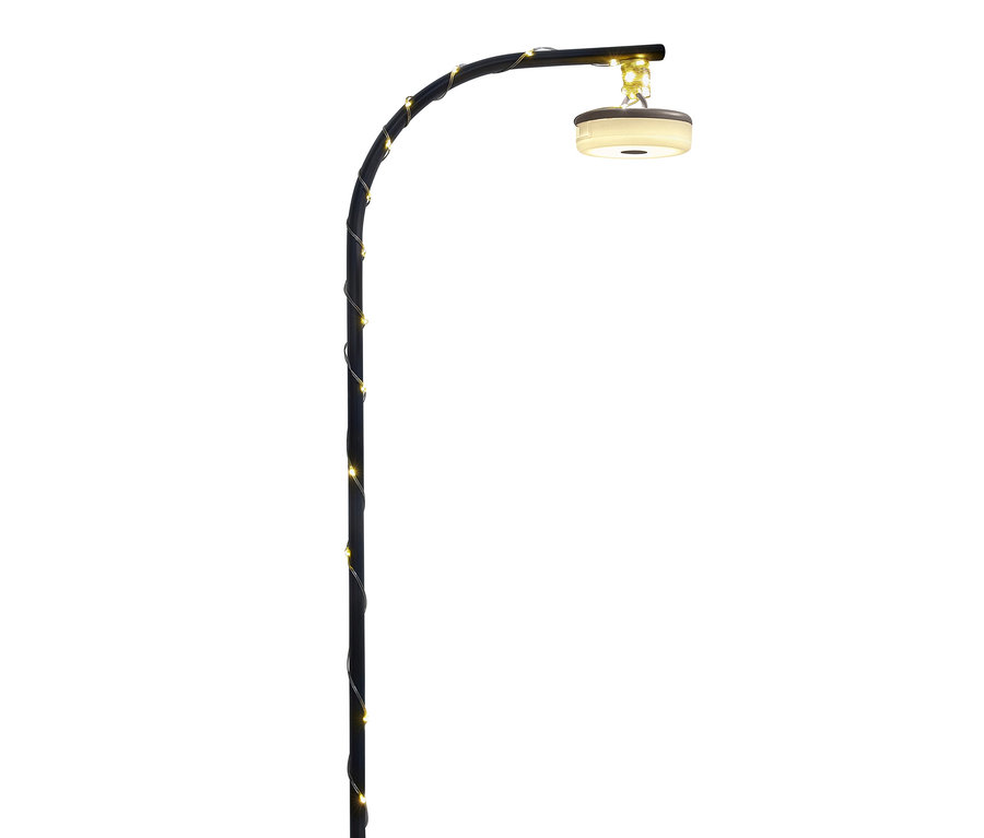 Schwarzer gebogener Mast mit 2-in-1-Camping-Lichterkette.