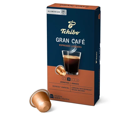 Eine Packung Gran Café Espresso Leggero - 10 Kapseln von Tchibo. Auf der Packung ist ein Bild einer Espressotasse und einer Kapsel.