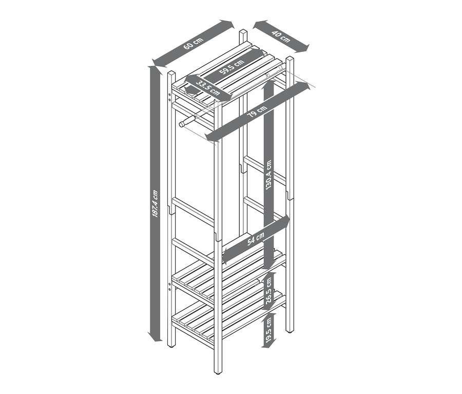 Skizze einer Standgarderobe mit Ablageflächen und Abmessungen.