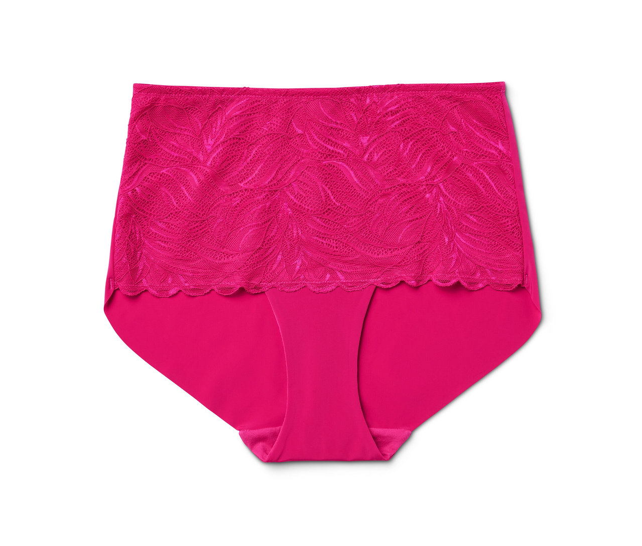 Ein fuchsiafarbener Light-shaping Highwaist-Panty mit Spitzenbesatz.