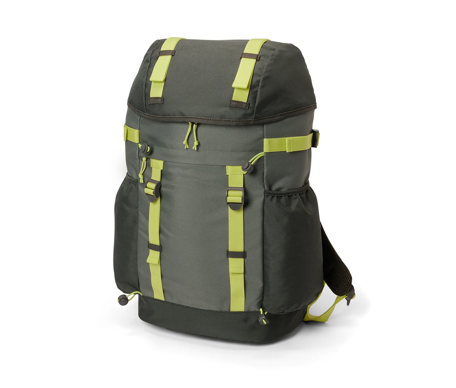 Graugrüner Outdoor-Rucksack mit limettengrünen Riemen.