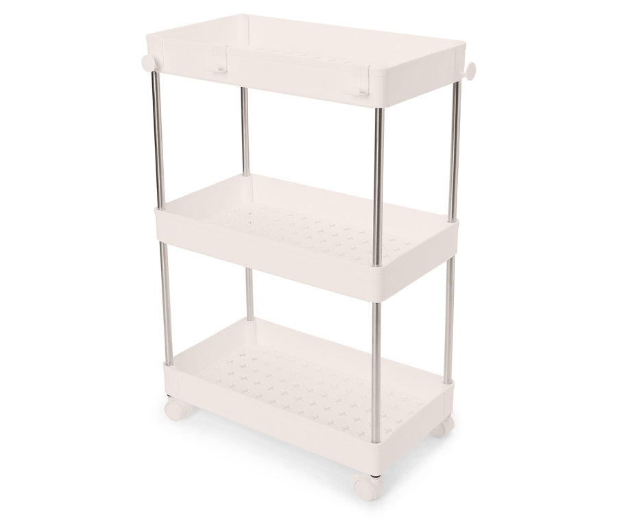Weißer dreistöckiger Aufbewahrungswagen mit silbernen Metallstangen und Rollen.