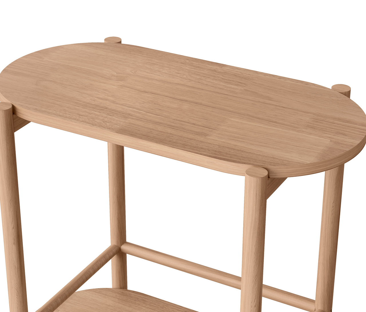 Detailansicht eines zweistöckigen Holztisches mit abgerundeten Ecken.