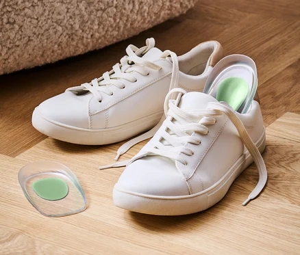 Zwei weiße Turnschuhe stehen auf einem Holzboden, einer mit einer grünen Einlegesohle.