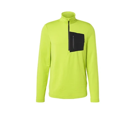 Limefarbenes Outdoor-Funktionsshirt mit langen Ärmeln und schwarzer Brusttasche.