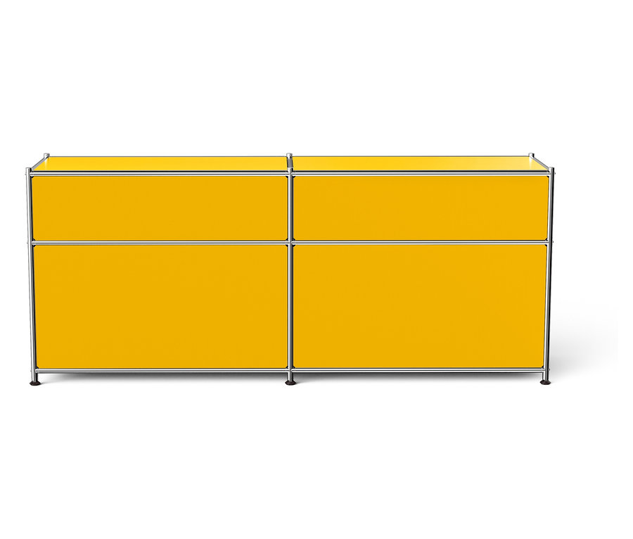 Gelbes modulares Sideboard mit vier Fächern und silbernem Rahmen.