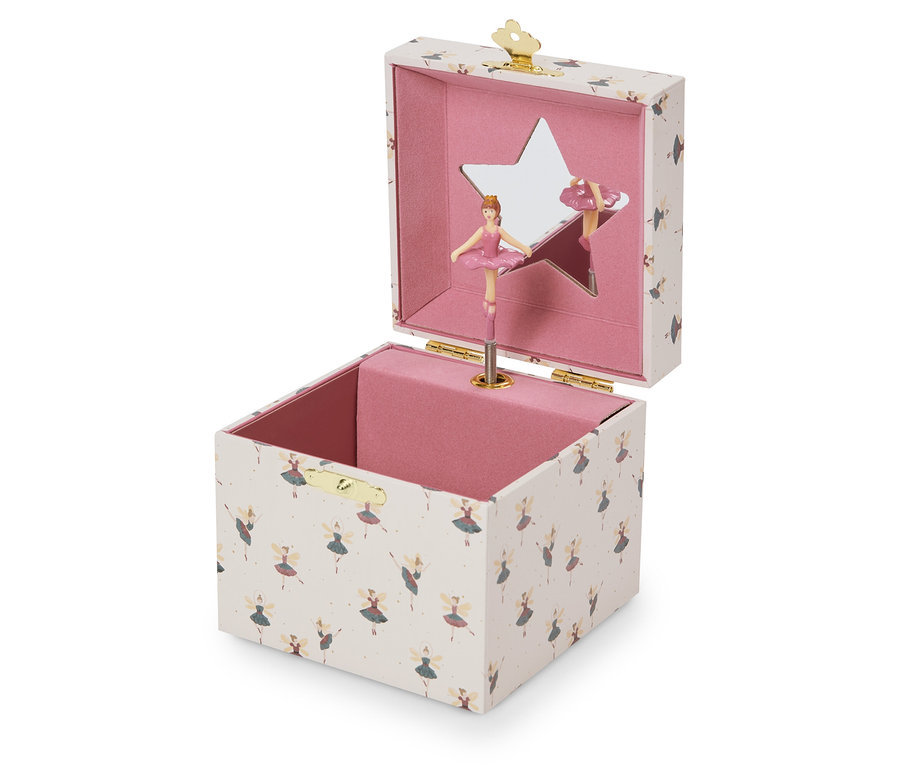 Geöffnete Spieluhr mit Ballerina in rosa Kleid und sternförmigem Spiegel.
