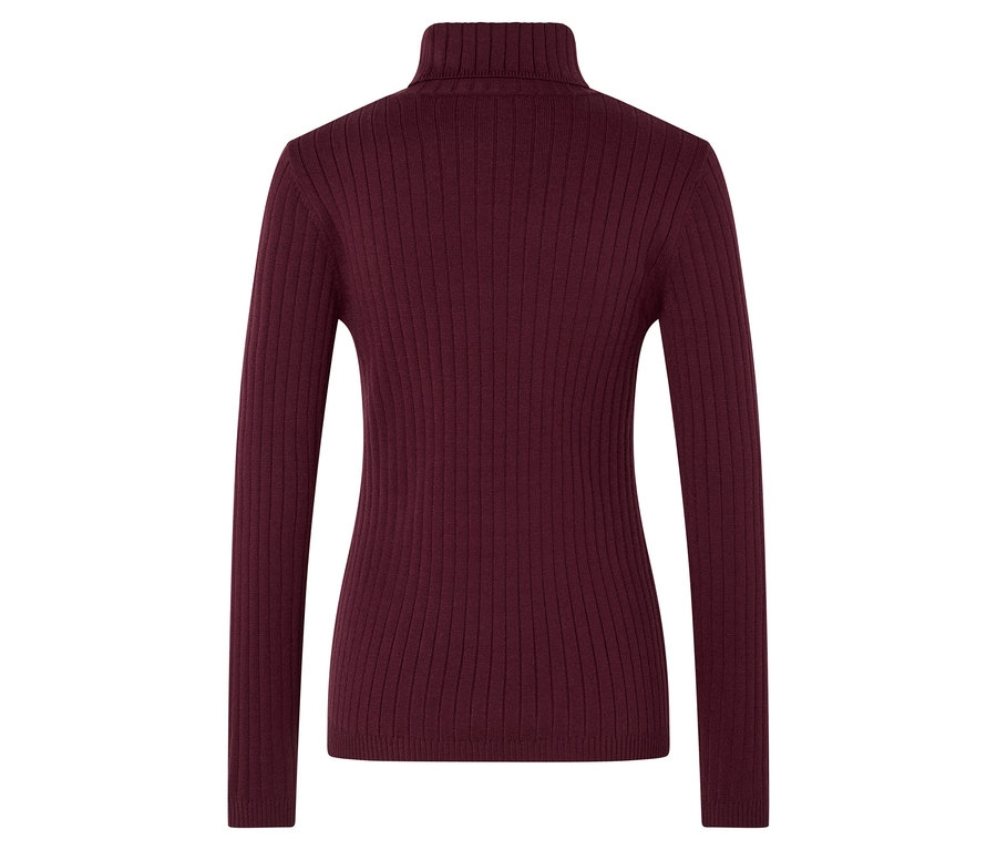 Nahaufnahme eines gerippten, burgunderroten Rollkragenpullovers.