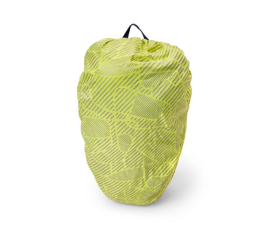 Gelbe Rucksack-Regenschutzhülle mit grauem geometrischen Muster.
