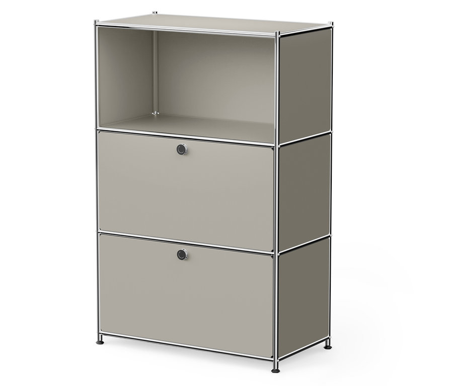 Beiger Schrank mit zwei Schubladen und einem offenen Fach.