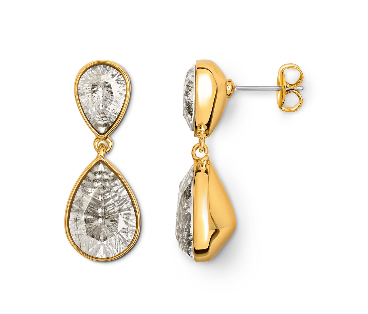 Ohrringe mit goldenem Rahmen und klaren, tropfenförmigen Steinen.