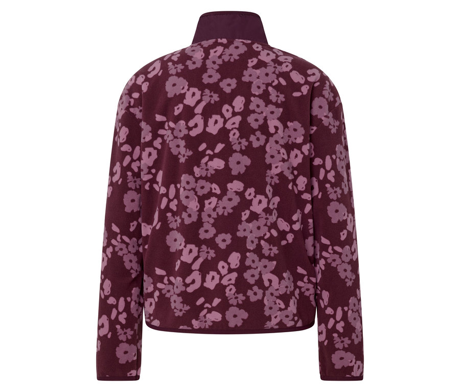 Rückansicht einer weinroten Fleecejacke mit Blumenmuster.