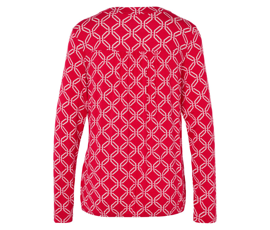 Rot-weißes Damenoberteil mit langen Ärmeln und geometrischem Muster.