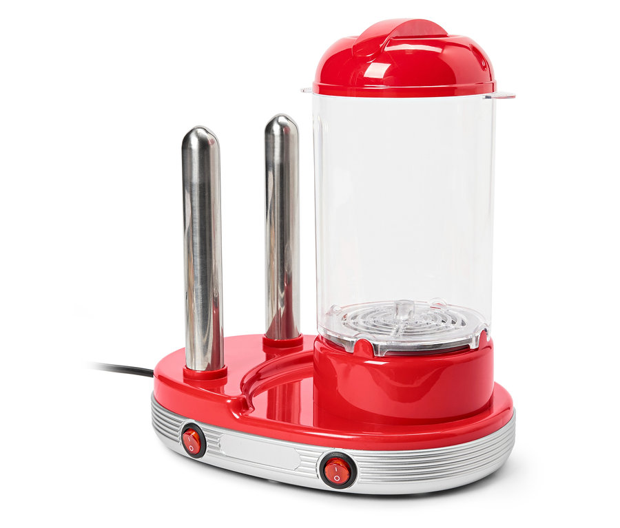 Ein roter Hot-Dog-Steamer mit zwei silbernen Heizstiften und einem transparenten Behälter.