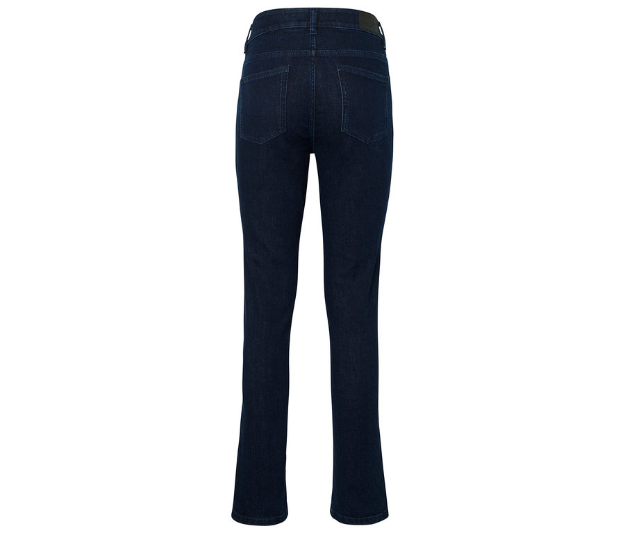Detailansicht der Rückseite einer dunkelblauen Jeans.