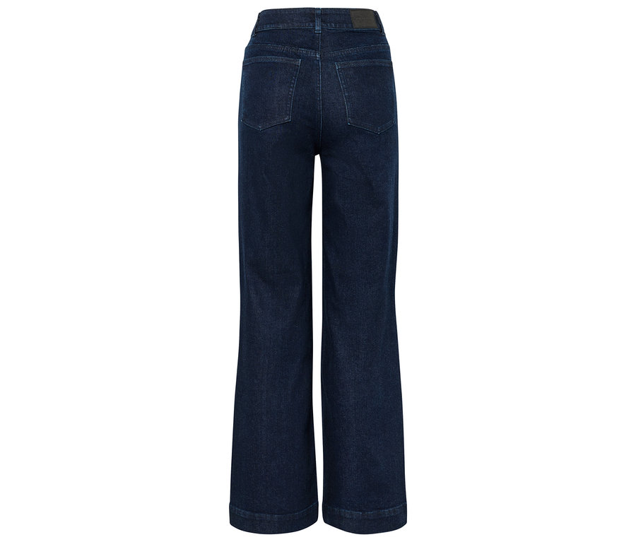 Rückansicht einer dunkelblauen Wide-Leg-Jeans.