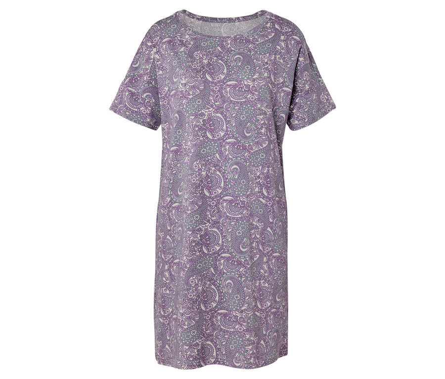 Lila-weiß gemustertes, knielanges, kurzärmeliges Kleid vor einem weißen Hintergrund.