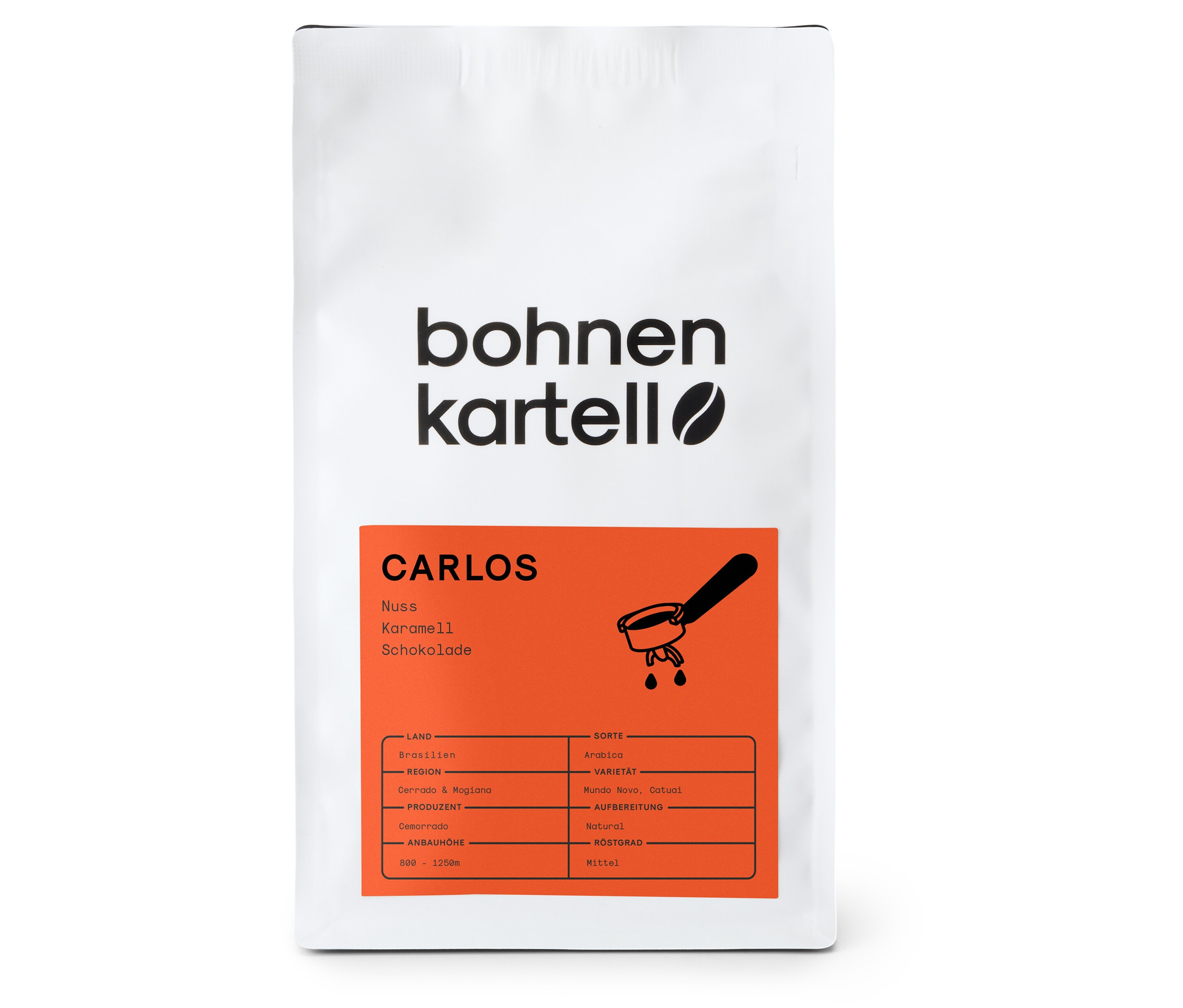Weiße Packung bohnenkartell - Carlos Espresso - 250 g Ganze Bohne mit Infos zu Nuss, Karamell und Schokolade.