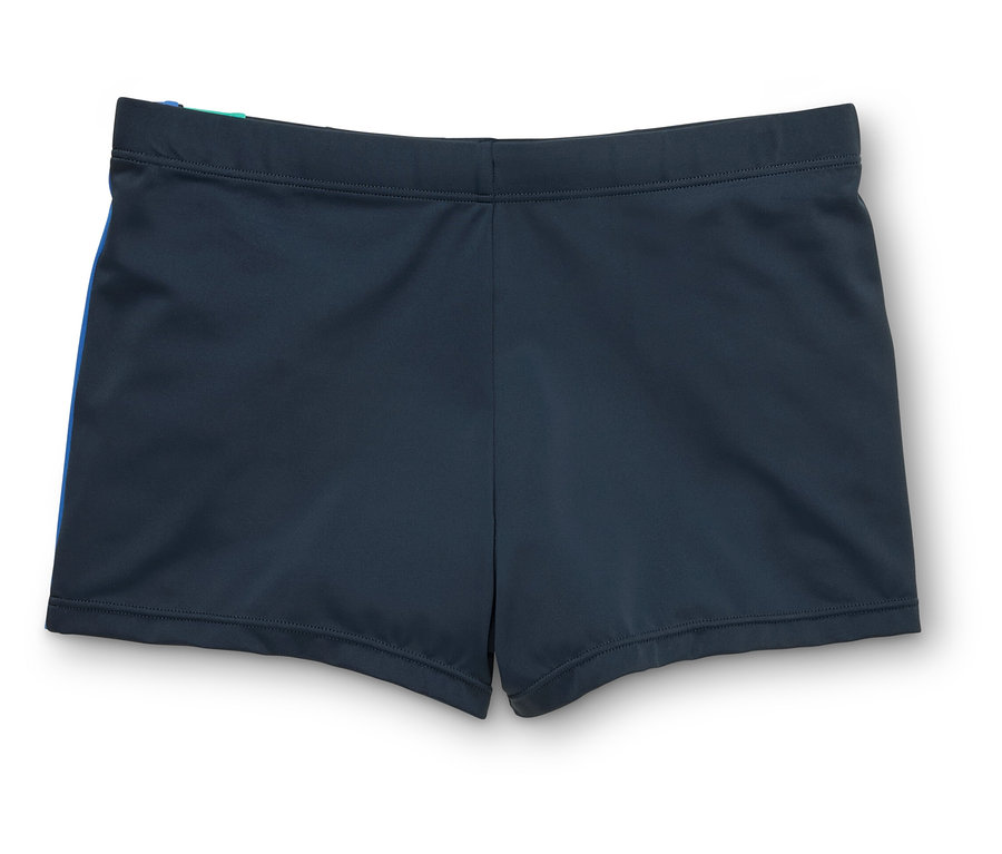 Dunkelblaue Badehose mit blauem Seitenstreifen, flach ausgelegt.
