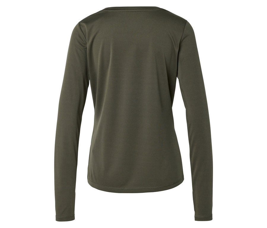 Nahaufnahme eines langärmligen, olivgrünen Shirts, von hinten aufgenommen.