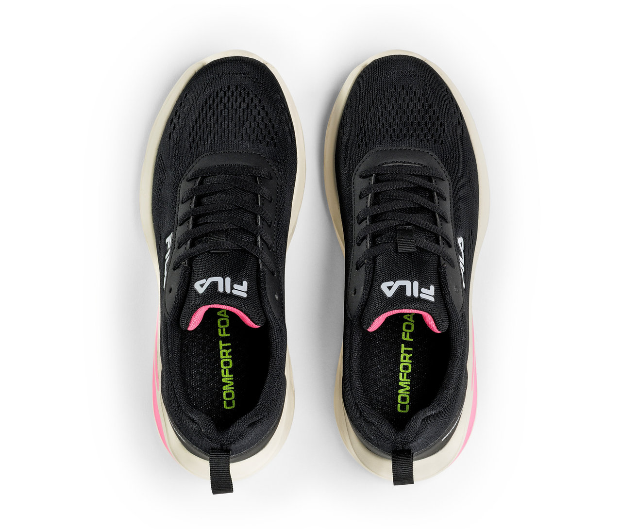 Draufsicht auf zwei schwarze FILA Specctris Damen-Sneaker.