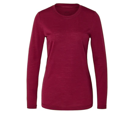 Rotes Funktionsshirt mit langen Ärmeln und Rundhalsausschnitt, aus Merinowolle.
