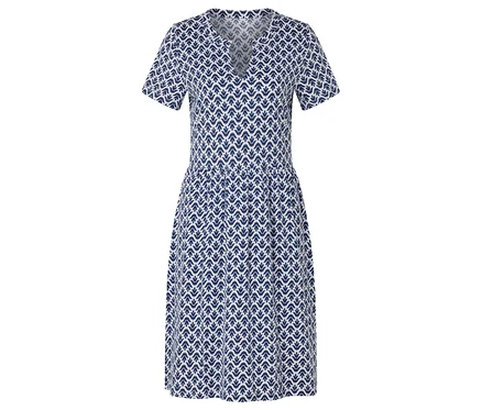 Ein blau-weißes Kleid mit V-Ausschnitt und kurzem Ärmel.