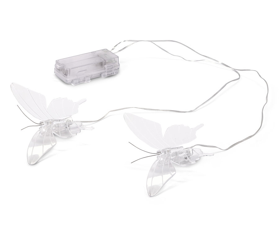Zwei durchsichtige Schmetterlingslichterkette und eine transparente Batteriebox liegen auf einem weißen Hintergrund.
