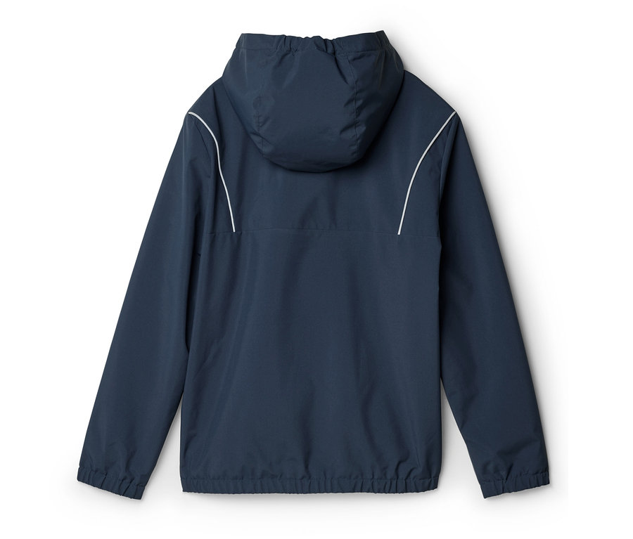 Rückansicht einer marineblauen Jacke mit Kapuze und weißen Zierstreifen an den Schultern.