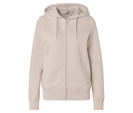 Beige Kapuzenjacke mit Reißverschluss und Kordelzug an der Kapuze.