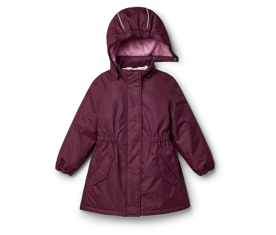Pflaumenfarbene Kinderjacke mit Kapuze, reflektierenden Streifen, geraffter Taille und zwei Pattentaschen.