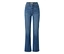 Eine hochgeschnittene, mittelblaue Jeans aus Denim mit geradem Bein und leicht ausgestelltem Saum, mit Standardtaschen und Gürtelschlaufen.