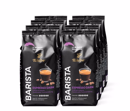 Acht Packungen BARISTA Espresso Dark - 8x1 kg Ganze Bohne, hintereinander gestapelt.