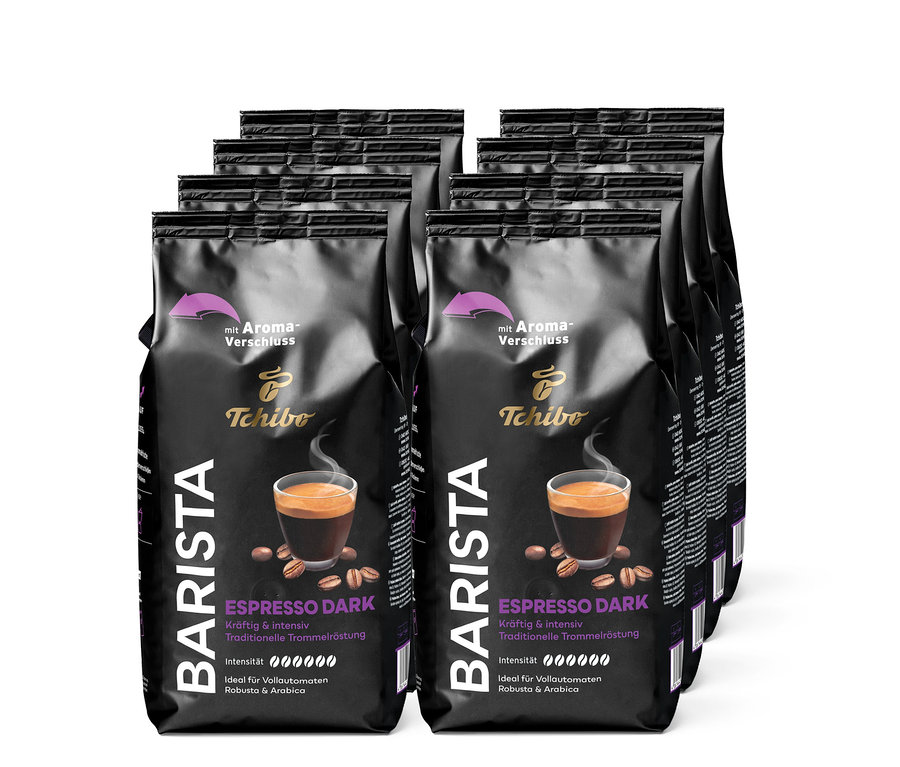 Acht Packungen BARISTA Espresso Dark - 8x1 kg Ganze Bohne, hintereinander gestapelt.